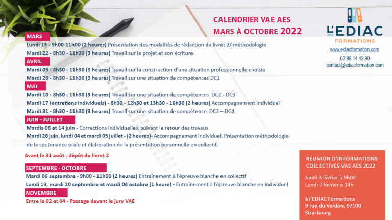 calendrier VAE AES 2022 | EDIAC Formations